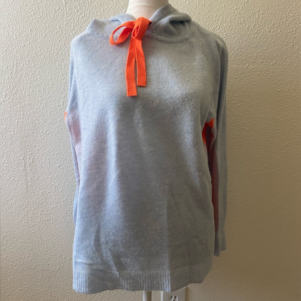 Brodie Cashmere Light Blue Cashmere Cowl with Orange Tie Detail